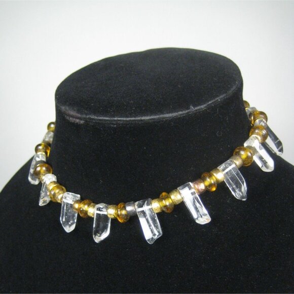 Crystal Stone Beaded Necklace 16 Inch Choker Collar Goldtone Strand Glass FLAW - Picture 6 of 9
